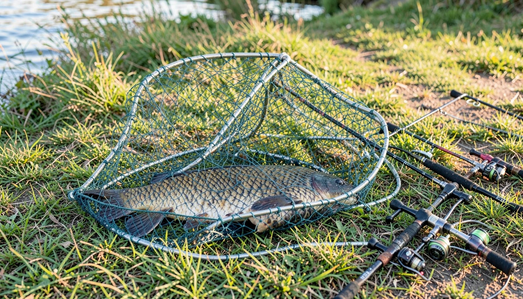 Large carp landing net resting on grassy bank beside fishing tackle, soft morning light