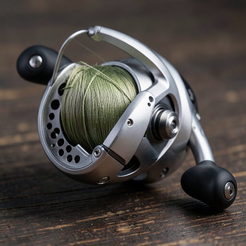 Close-up of a sleek silver and black fishing reel with a spool of line, resting on a dark wooden surface