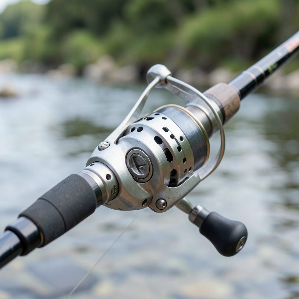 A silver and dark grey fishing reel mounted on a rod, seen from a side angle against a blurred riverbank background