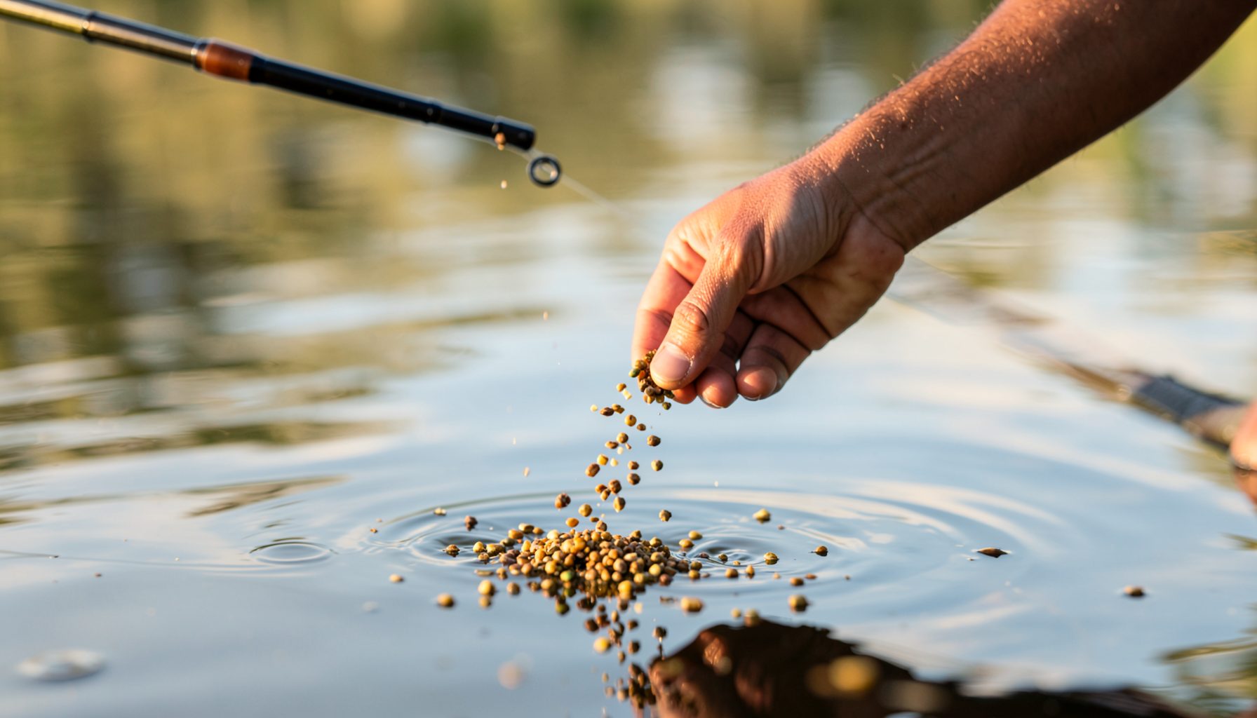 Close-up of an angler's hand scattering loose feed bait onto calm water surface beside a fishing pole, warm afternoon light