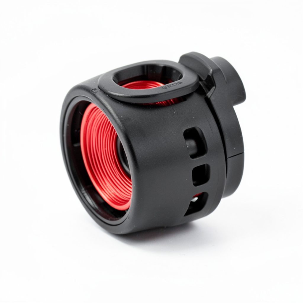 A compact black and red fishing reel with a filled spool, photographed on a clean white background