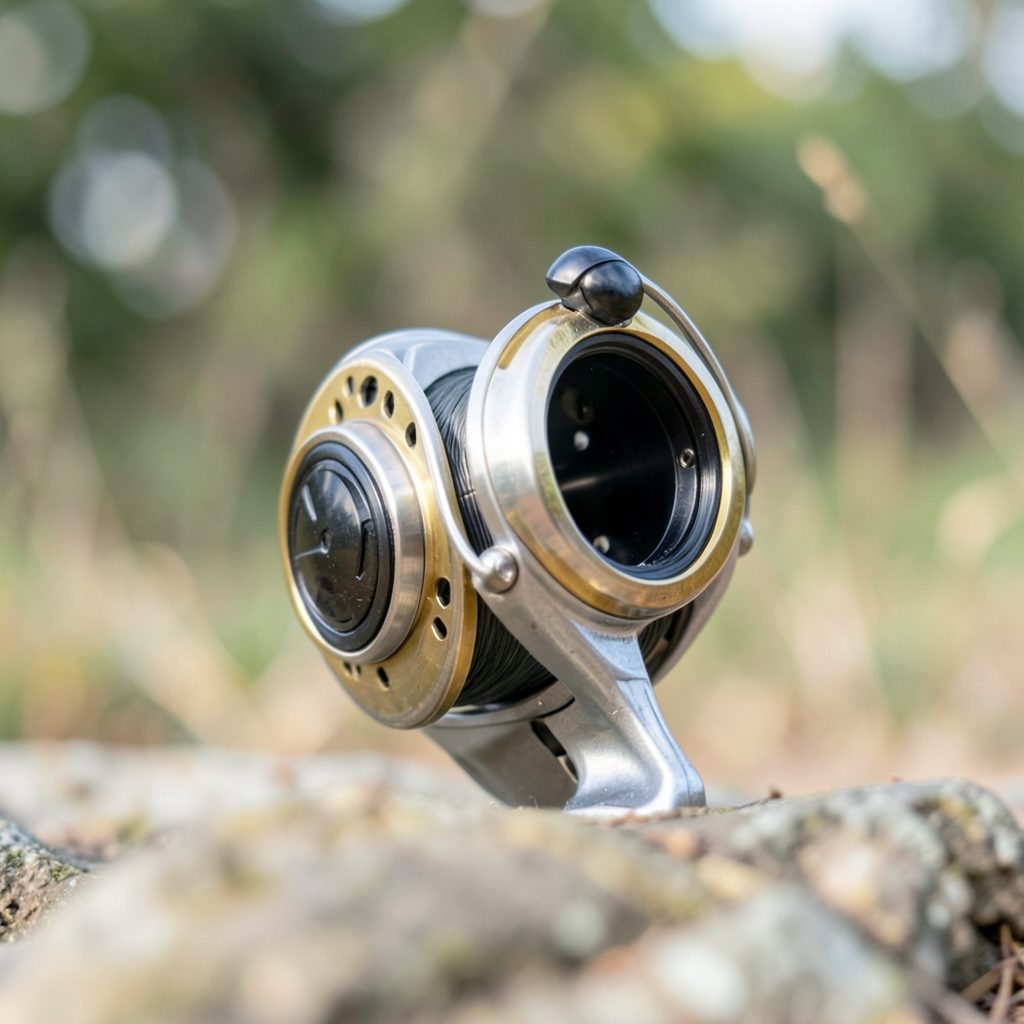 A silver and gold-toned fishing reel with a dark spool, shown in profile against a soft natural backdrop