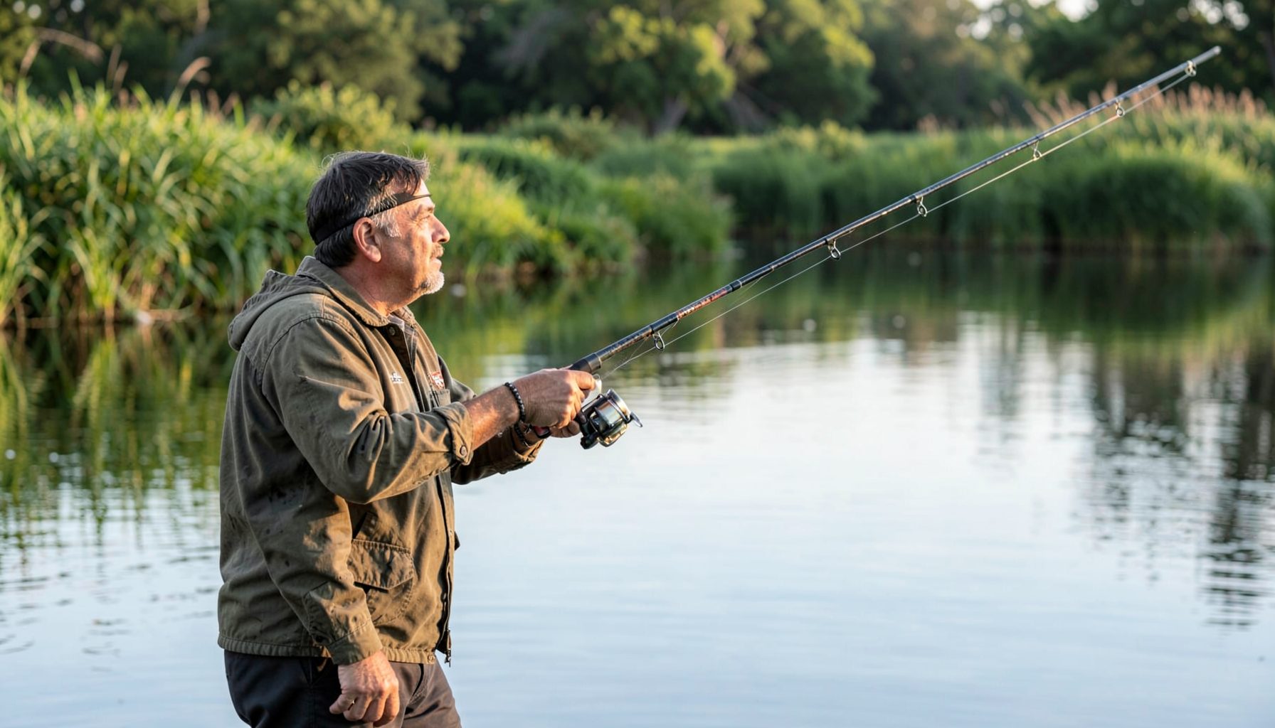 Angler holding a long fishing pole over calm deep freshwater, green banks and reeds in background, soft morning light