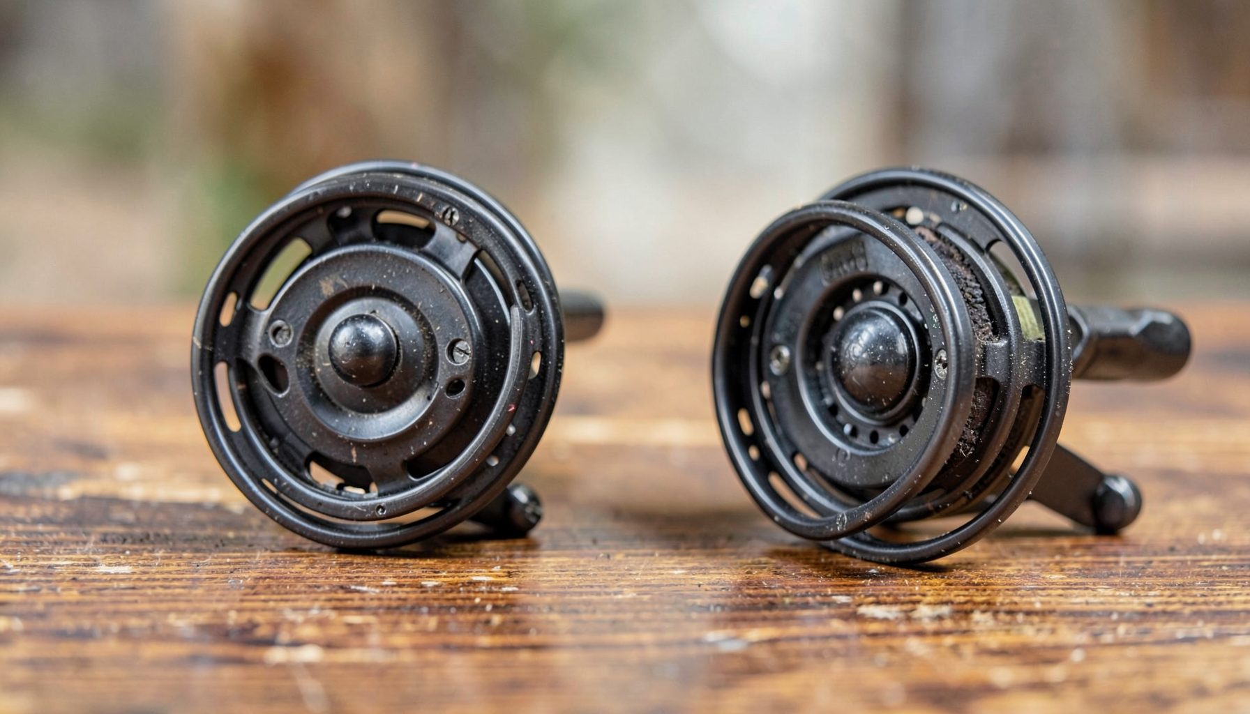 Selection of coarse fishing reels displayed on a wooden table, front and side views