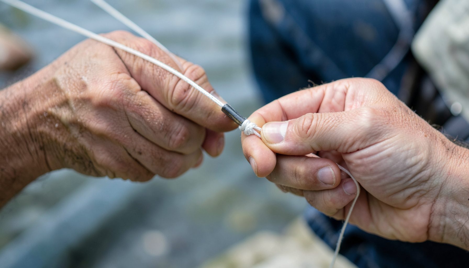 Angler's hands tying a sliding float stop knot on monofilament line, close detail