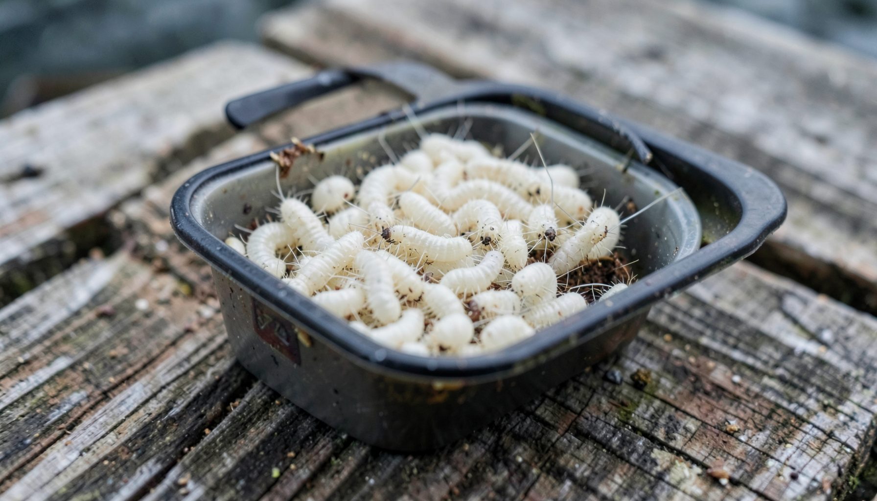 Close-up of white maggots in a bait box on a wooden fishing platform