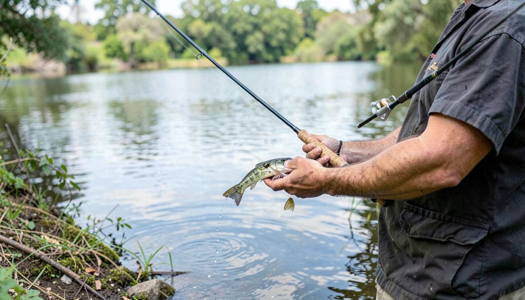 Angler gently holding a perch beside the water before release, conservation-minded scene
